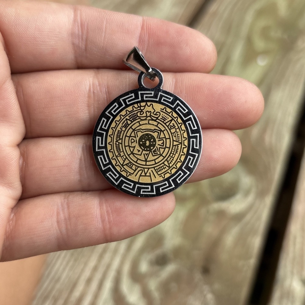 Vintage‎ FINI Dream Jewelry Mexican Mayan Calendar Pendant 18" 90s Silver Tone